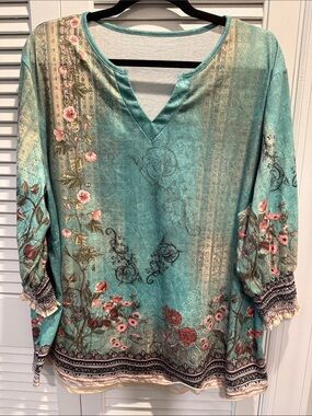 CLEARANCE Rapbin Women’s Teal Floral V-Neck Tunic Top
